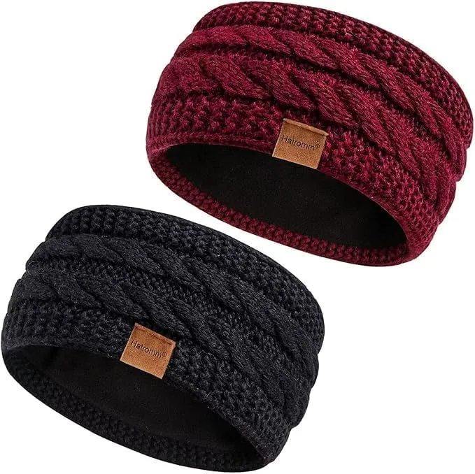 Winter Headbands for Women Wool 2 Pack, Ear Warmers for Women Headband Knit Thick Fleece Lined, Cold Weather Warm Ear Muffs