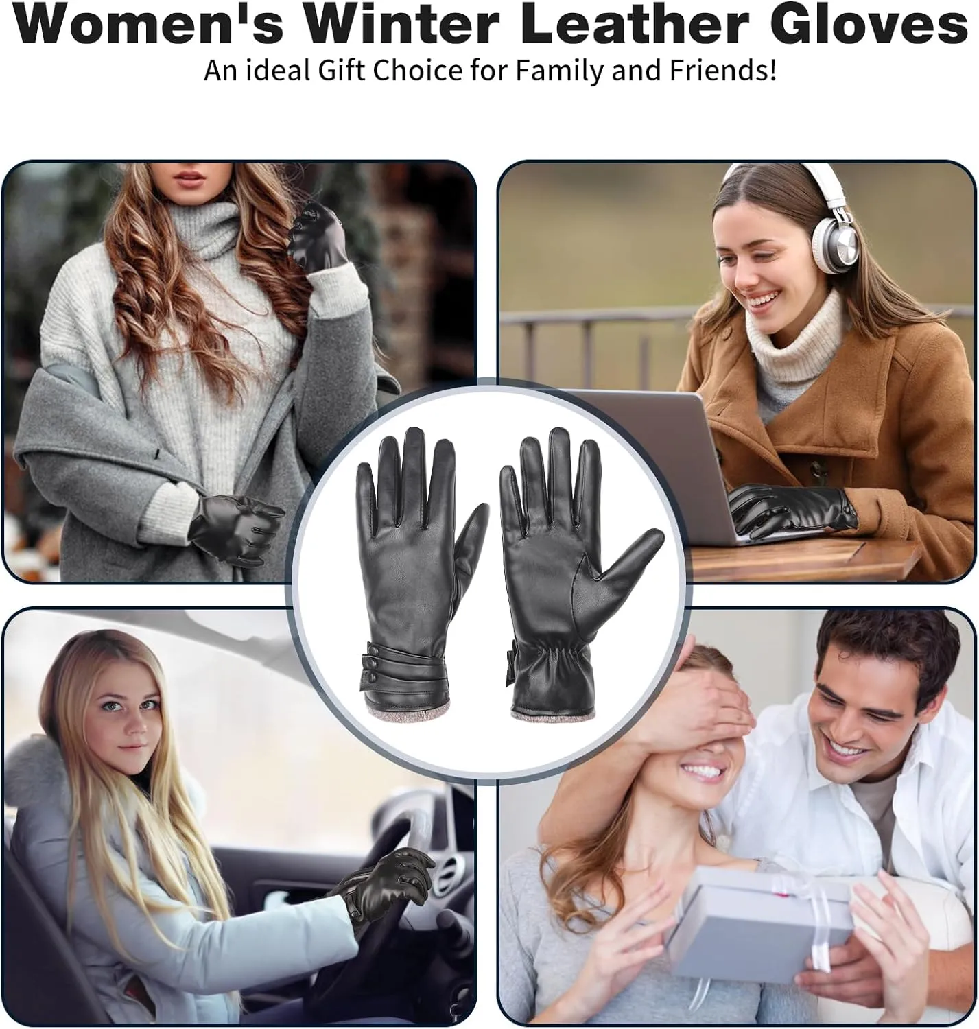 Winter Leather Gloves for Women,Gloves for Women Cold Weather Touch Screen with Wool Fleece Lined,Women PU Warm Glove