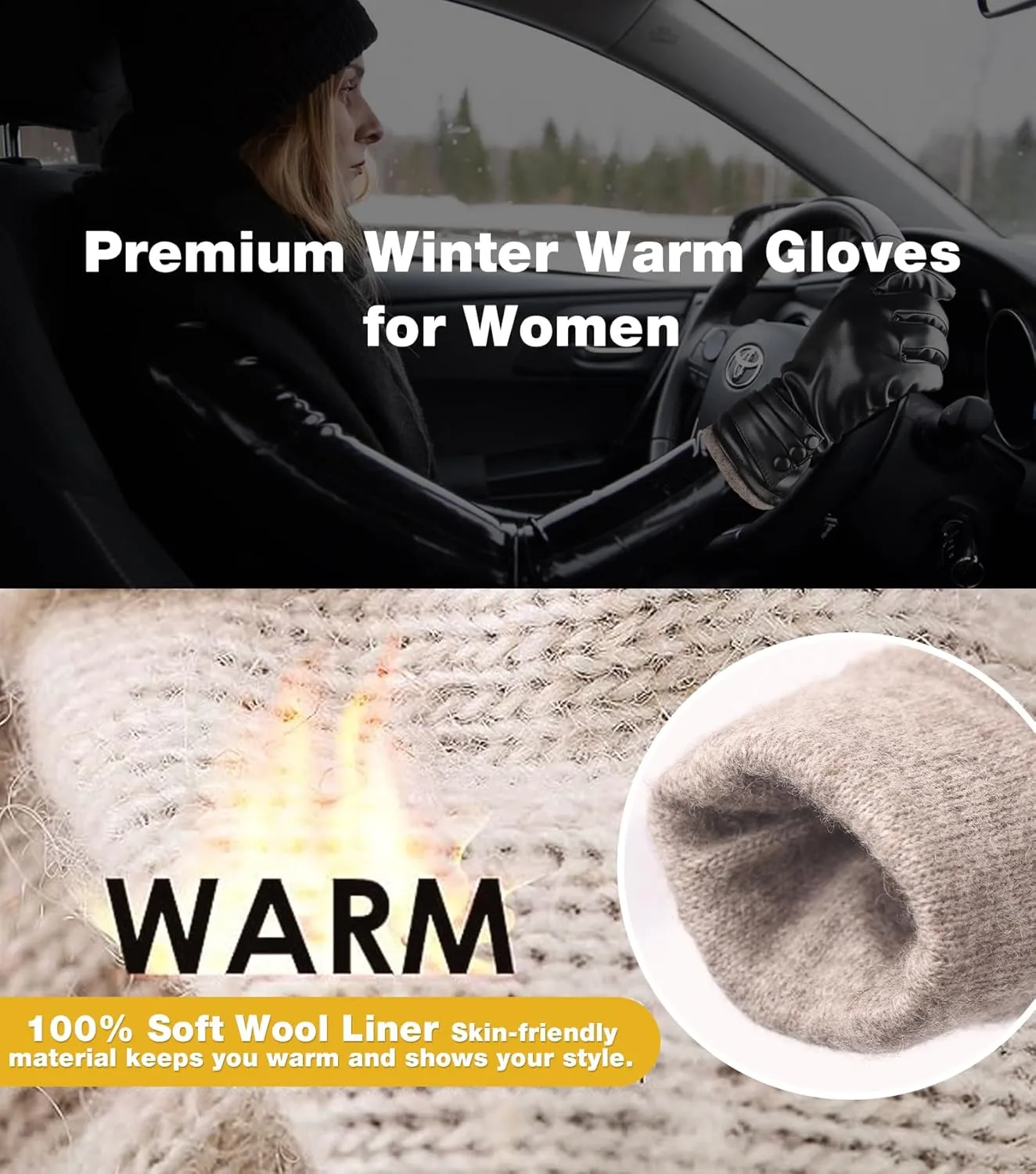 Winter Leather Gloves for Women,Gloves for Women Cold Weather Touch Screen with Wool Fleece Lined,Women PU Warm Glove