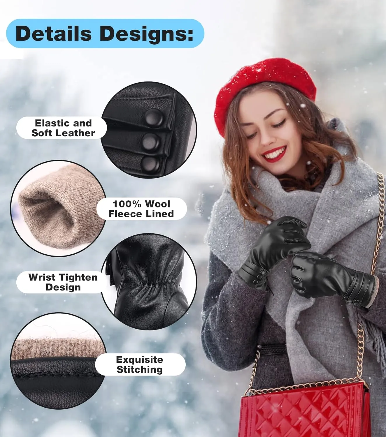 Winter Leather Gloves for Women,Gloves for Women Cold Weather Touch Screen with Wool Fleece Lined,Women PU Warm Glove