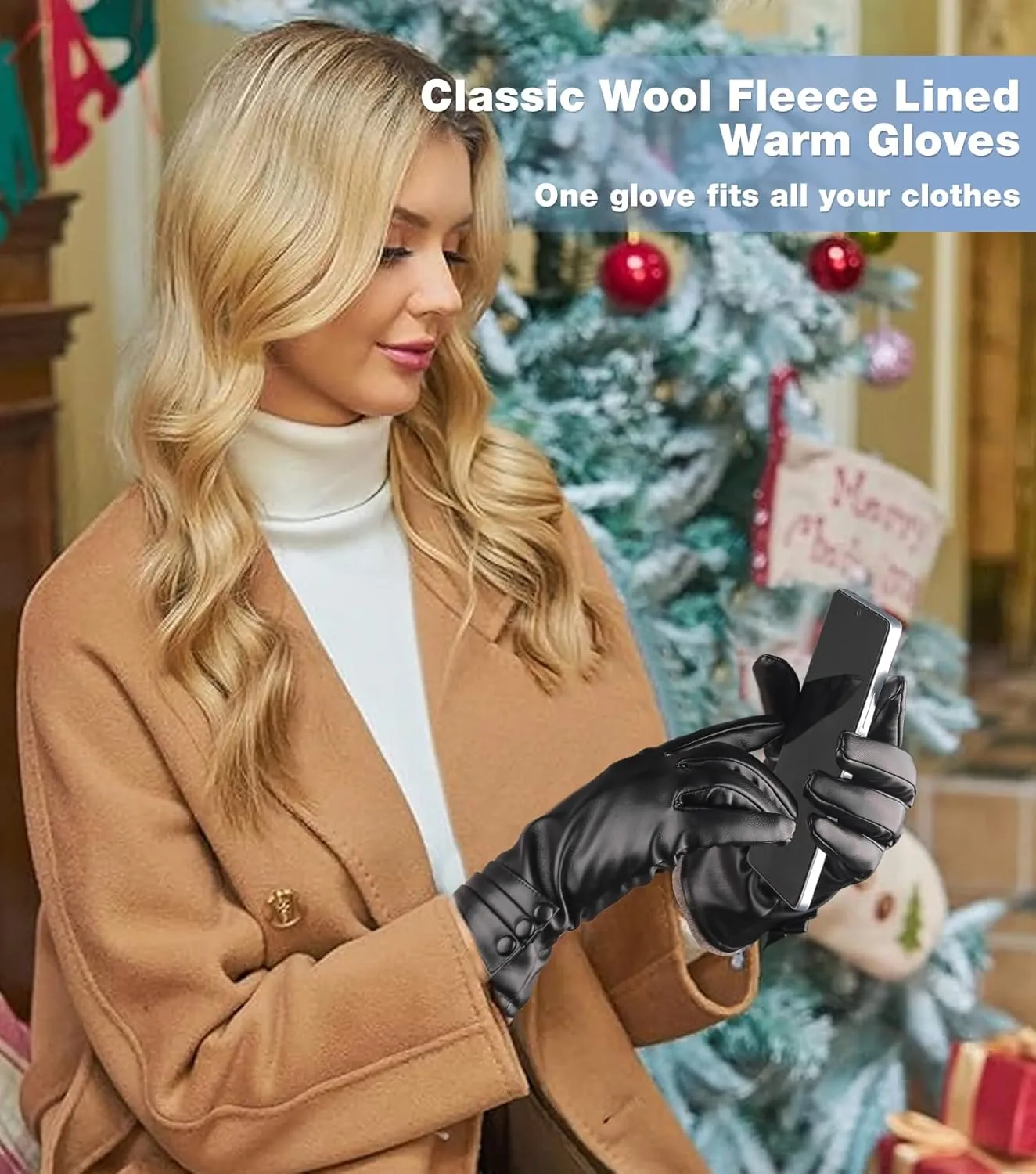Winter Leather Gloves for Women,Gloves for Women Cold Weather Touch Screen with Wool Fleece Lined,Women PU Warm Glove