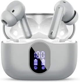 Wireless Earbuds Bluetooth 5.4 Headphones Bass Stereo Ear Buds with Noise Cancelling Mic LED Display in Ear Earphones IP7 Waterproof 36H Playtime for Laptop Pad Phones Sports Workout Grey
