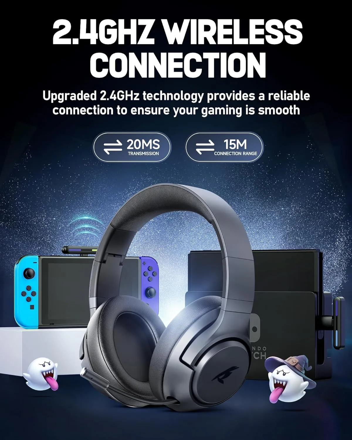 Wireless Gaming Headset for Nintendo SwitchOLEDLite,2.4Ghz USB & Type-C Bluetooth 5.4 Gaming Headphones with Noise Cancelling Microphone, 40Hr Battery, for PS5, PS4, PC, Mac, Laptop, Grey