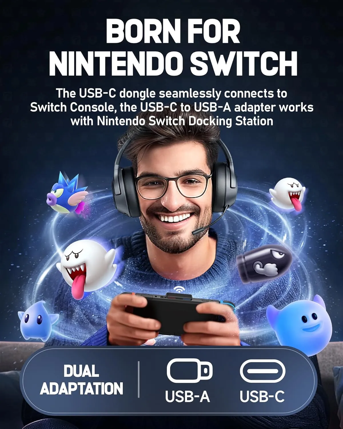 Wireless Gaming Headset for Nintendo SwitchOLEDLite,2.4Ghz USB & Type-C Bluetooth 5.4 Gaming Headphones with Noise Cancelling Microphone, 40Hr Battery, for PS5, PS4, PC, Mac, Laptop, Grey