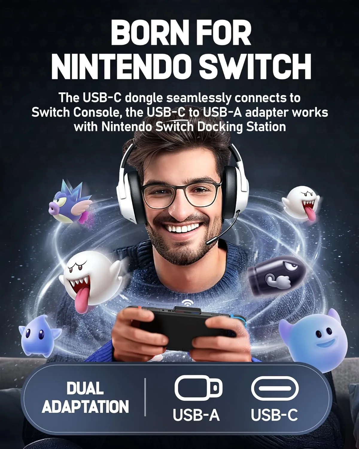 Wireless Gaming Headset for Nintendo SwitchOLEDLite,2.4Ghz USB & Type-C Bluetooth 5.4 Gaming Headphones with Noise Cancelling Microphone, 40Hr Battery, for PS5, PS4, PC, Mac White and Black 