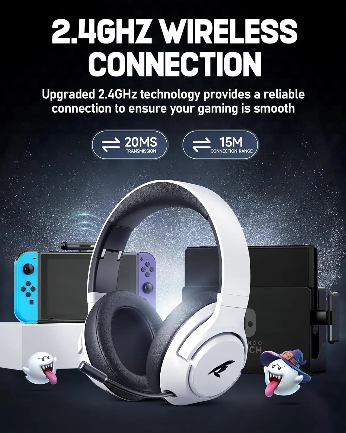 Wireless Gaming Headset for Nintendo SwitchOLEDLite,2.4Ghz USB & Type-C Bluetooth 5.4 Gaming Headphones with Noise Cancelling Microphone, 40Hr Battery, for PS5, PS4, PC, Mac White and Black 