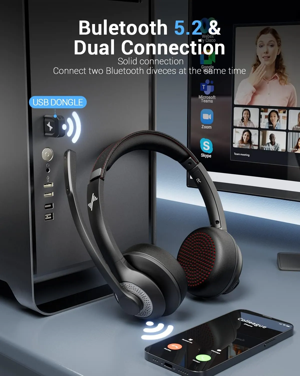 Wireless Headset with AI Noise Cancelling Microphone Bluetooth Headset - Bluetooth V5.2 Headphones with USB Dongle & Mic Mute for Computer/Laptop/PC/iPhone/Android/Cell Phones (Bluetooth USB Dongle)