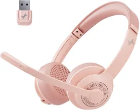 Wireless Headset with AI Noise Cancelling Microphone Bluetooth Headset - Bluetooth V5.2 Headphones with USB Dongle & Mic Mute for Computer/Laptop/PC/iPhone/Android/Cell Phones (Pink)