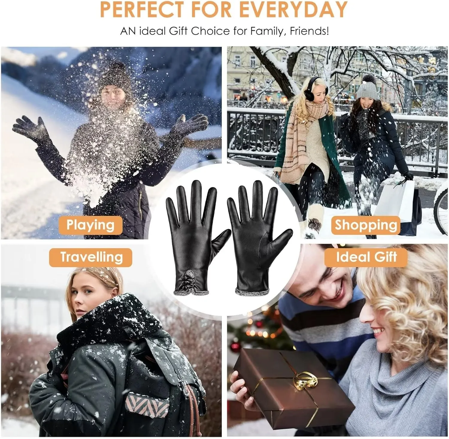 Womens Leather Gloves Fashion Cute, Gloves for Women Cashmere Lined, Winter Gloves for Women Touchscreen Driving