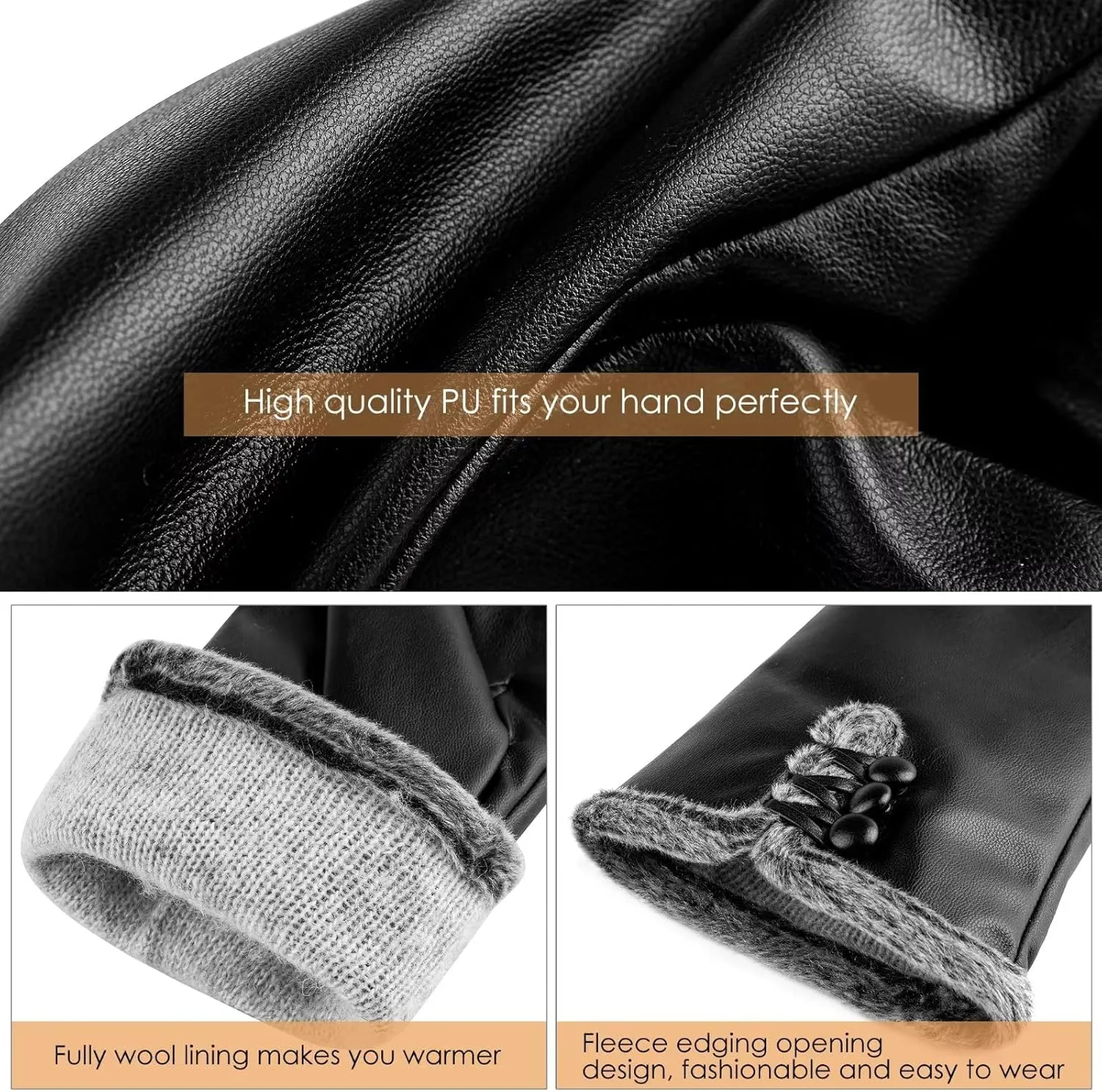 Womens Leather Gloves Fashion Cute, Gloves for Women Cashmere Lined, Winter Gloves for Women Touchscreen Driving
