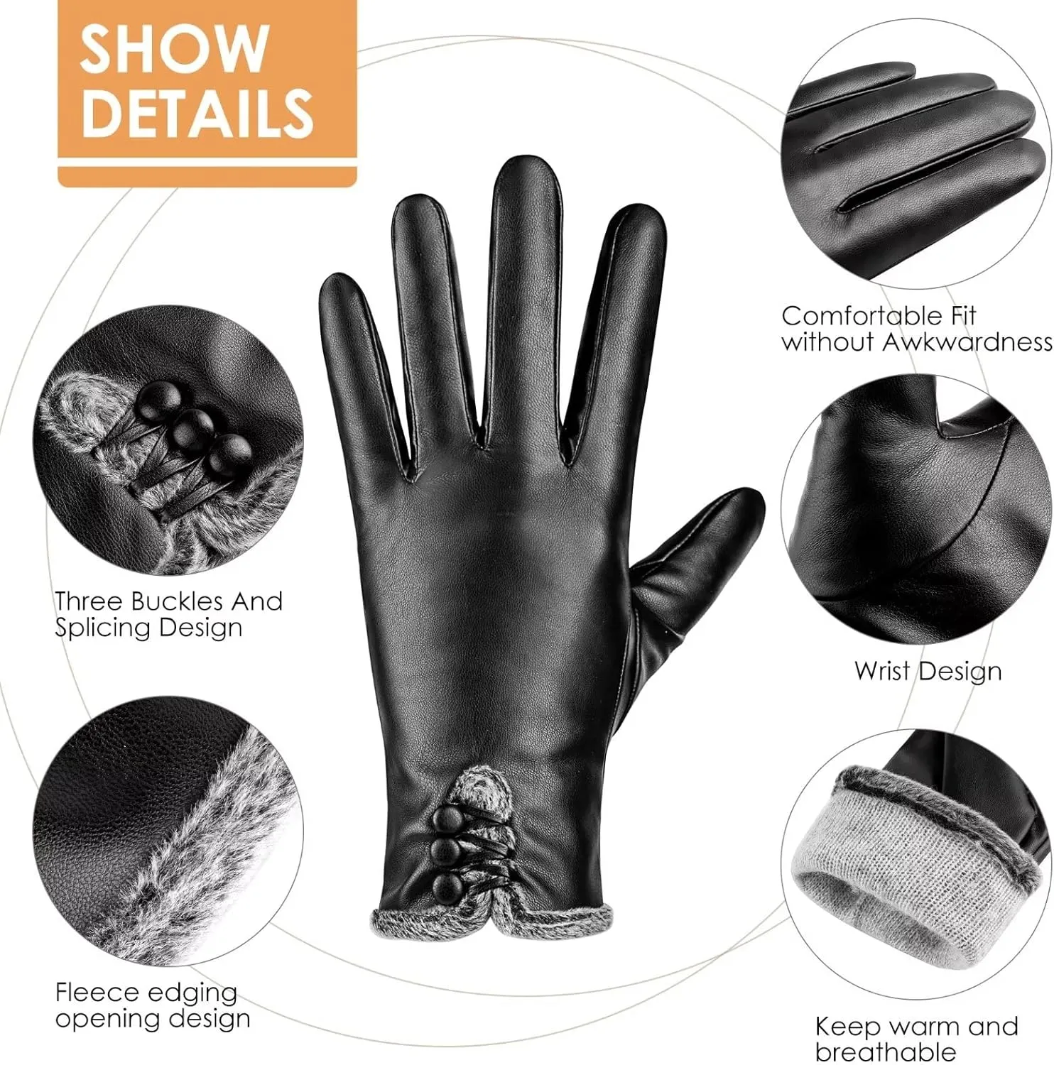 Womens Leather Gloves Fashion Cute, Gloves for Women Cashmere Lined, Winter Gloves for Women Touchscreen Driving