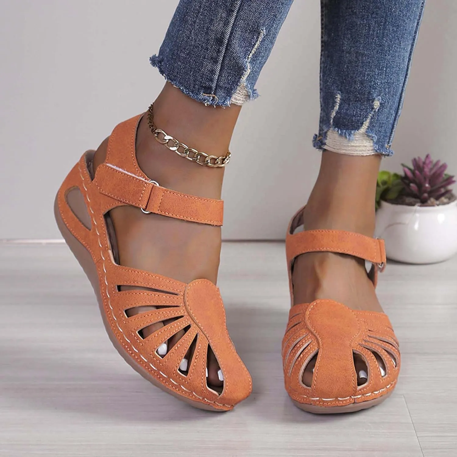 Women's Wedge Heels Ankle Strap Low Summer Sandals Closed Toe Hollow Out Orthopedic Bohemia Fishmouth Wedges Sandal