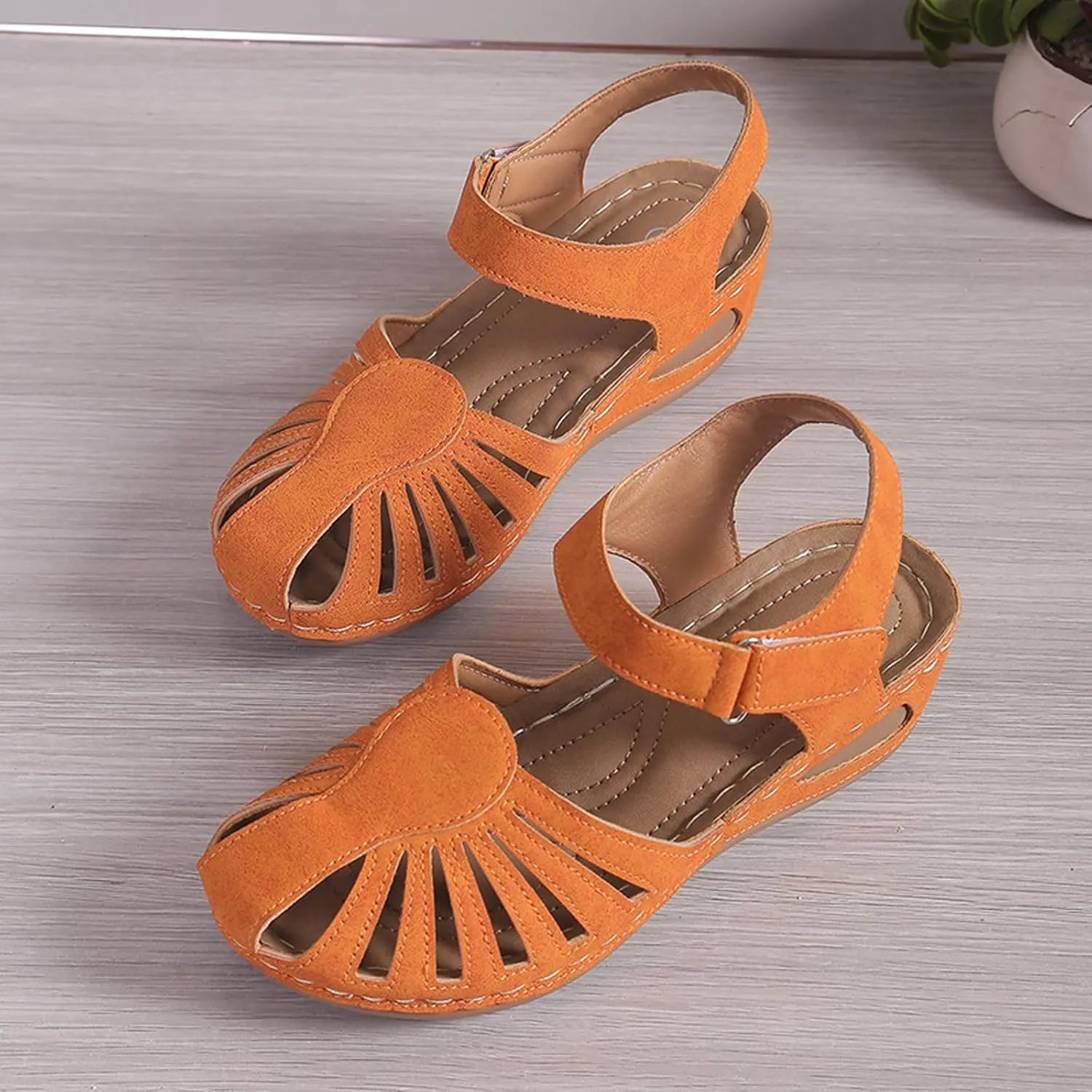 Women's Wedge Heels Ankle Strap Low Summer Sandals Closed Toe Hollow Out Orthopedic Bohemia Fishmouth Wedges Sandal