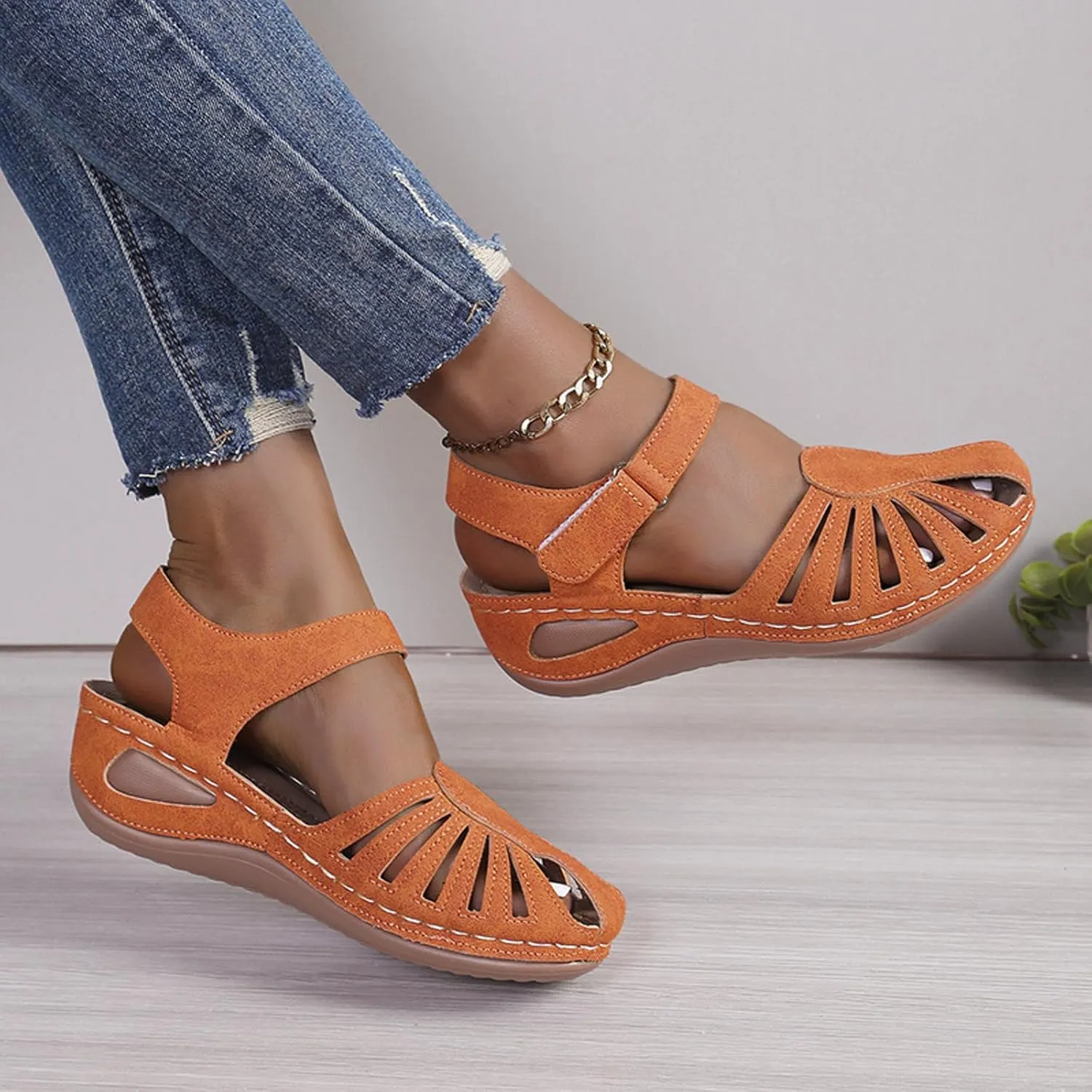Women's Wedge Heels Ankle Strap Low Summer Sandals Closed Toe Hollow Out Orthopedic Bohemia Fishmouth Wedges Sandal