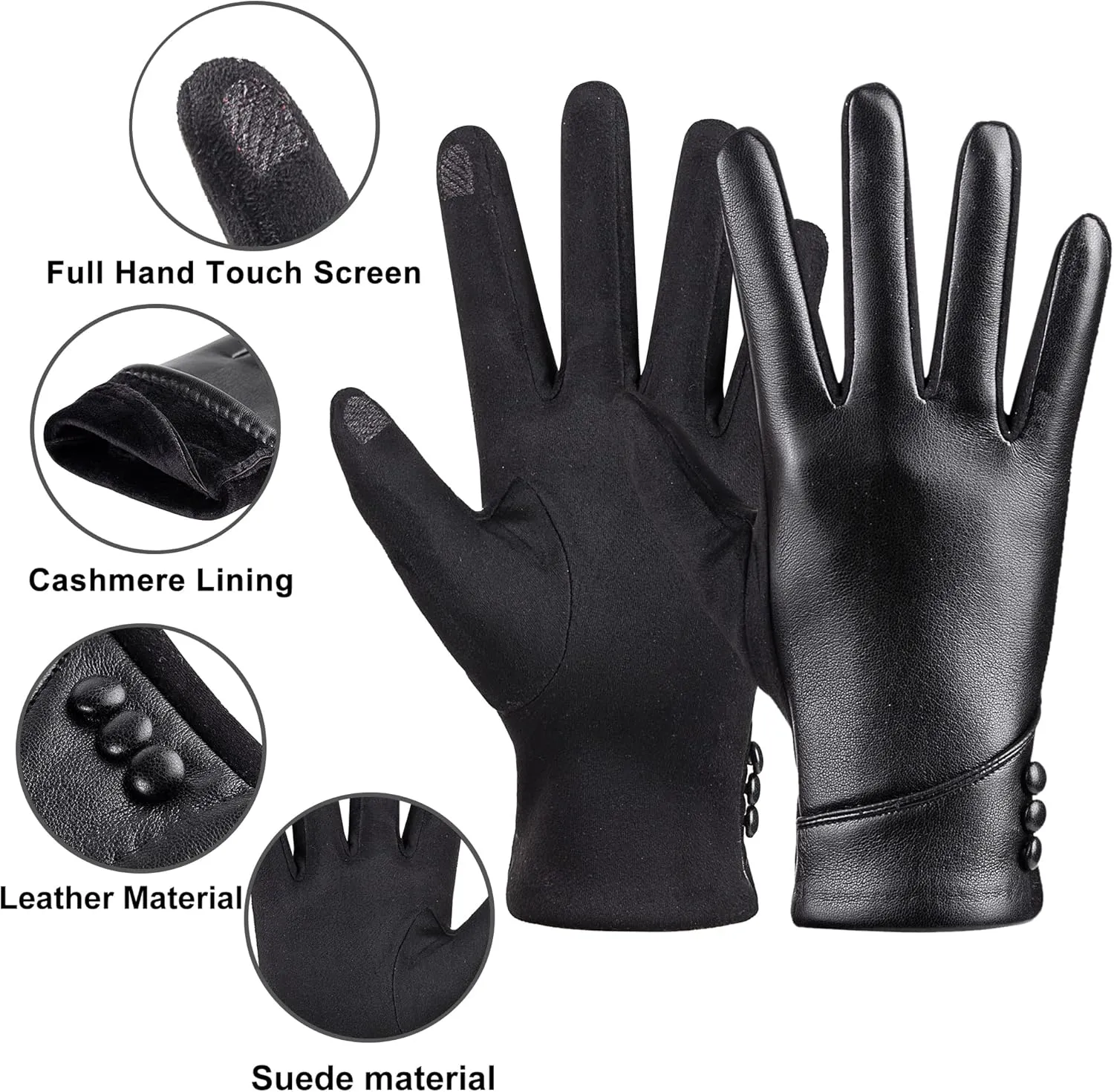 Womens Winter Leather Gloves Touch Screen Wool Lined Windproof Warm Suede Fashion Dress Gloves
