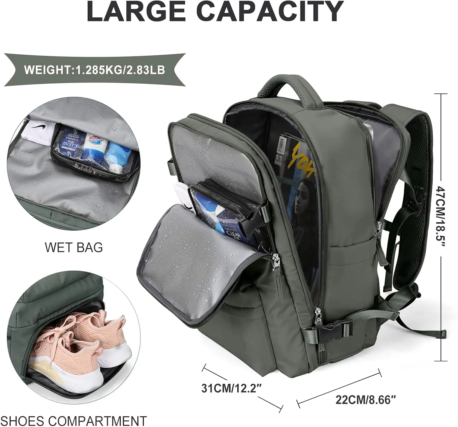 WONHOX Large Travel Backpack Carry on Flight Approved Laptop Work Business Backpack for Women Men Mochila de Viaje