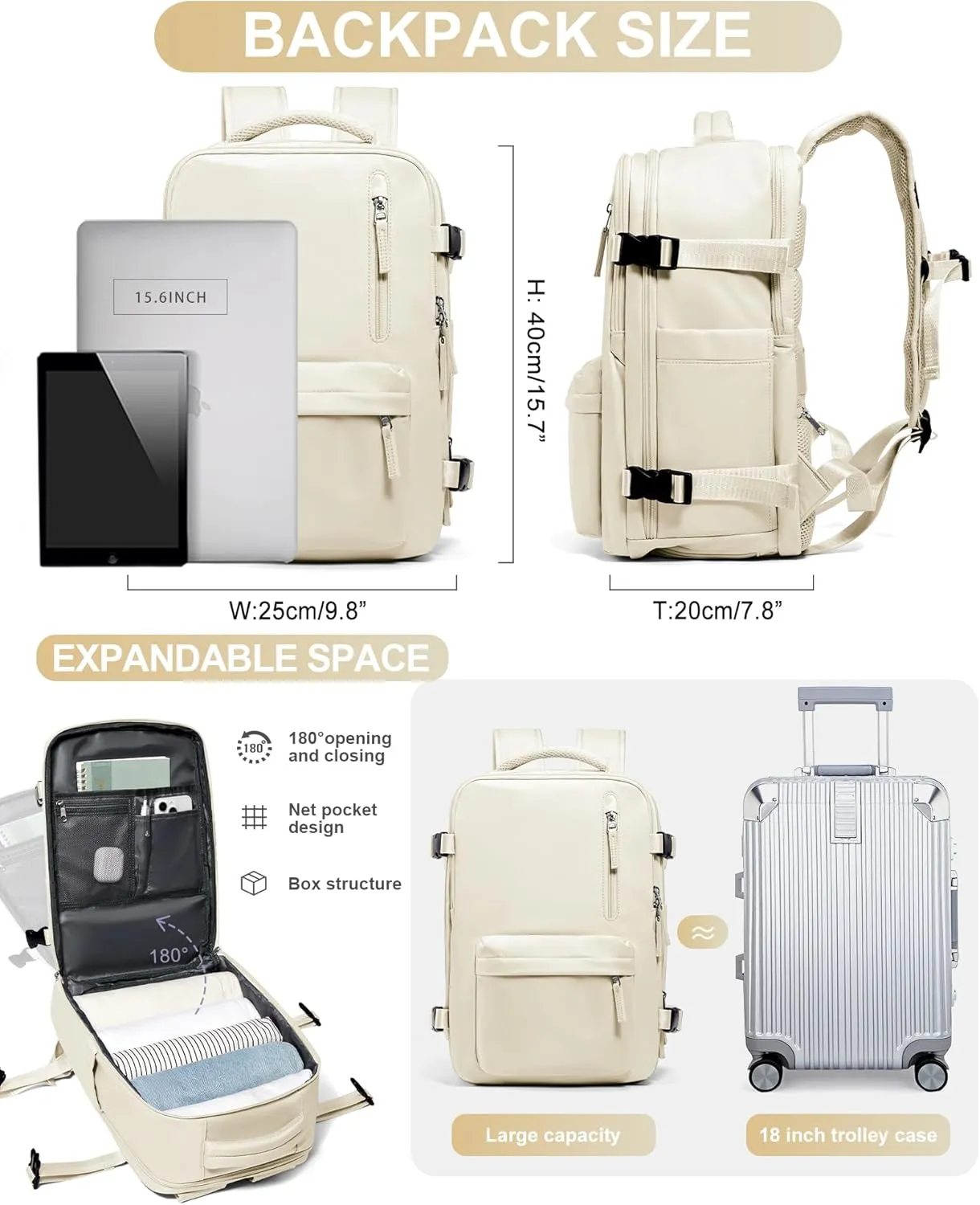 WONHOX Large Travel Backpack Carry on Flight Approved Laptop Work Business Backpack for Women Men Mochila de Viaje