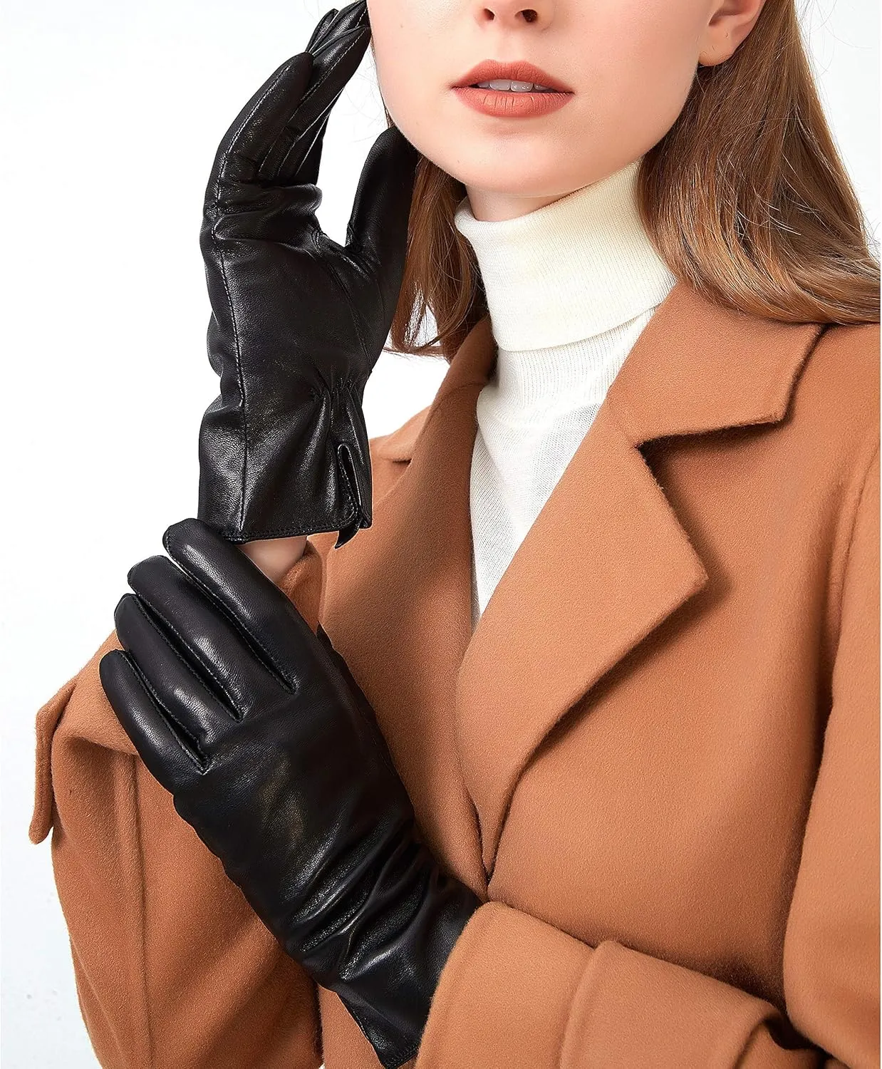 ZLUXURQ Luxury Italian Soft Leather Gloves for Women - Genuine SheepSkin Leather Womens Cold Weather Gloves Cashmere Lined