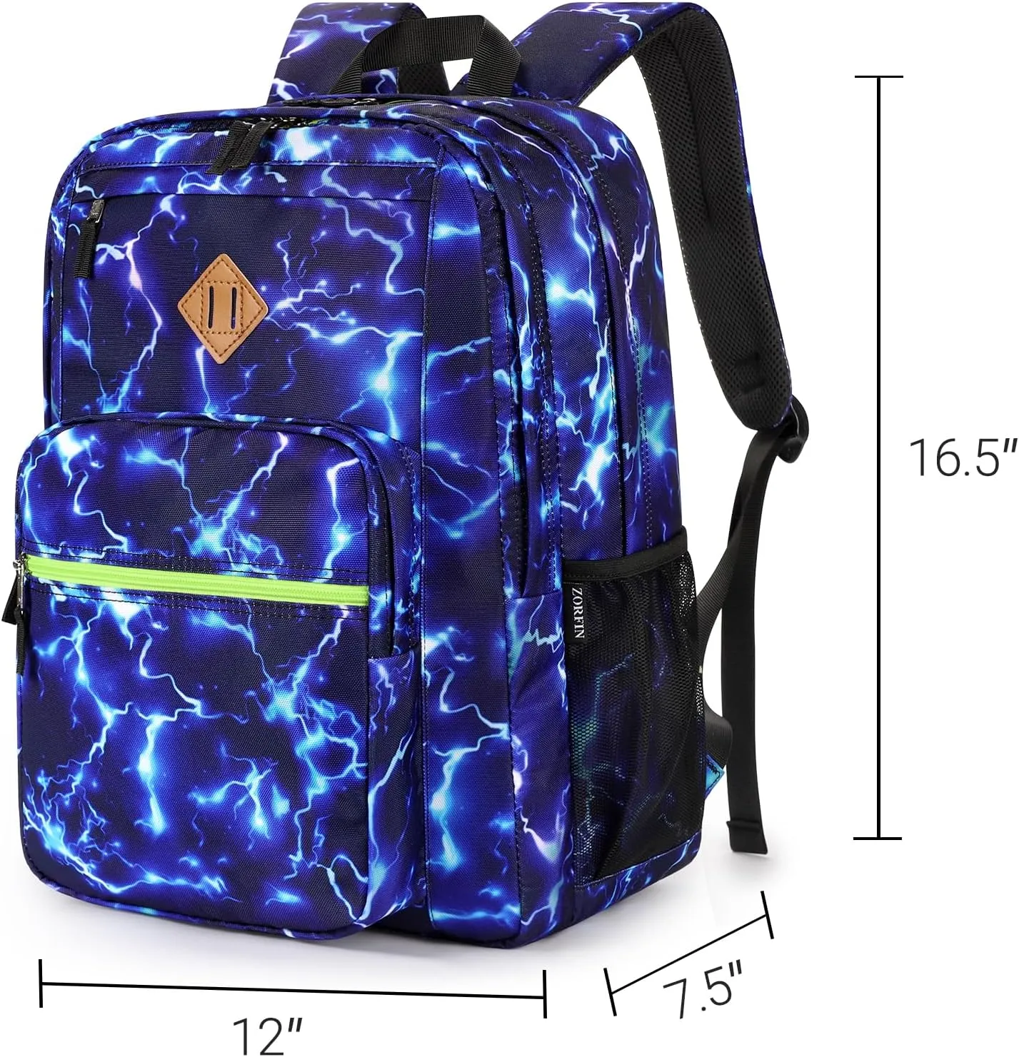 ZORFIN 26L Backpack for School, College, and Travel: Water Resistant Bookbag with 8 Compartments - Blue Lightning
