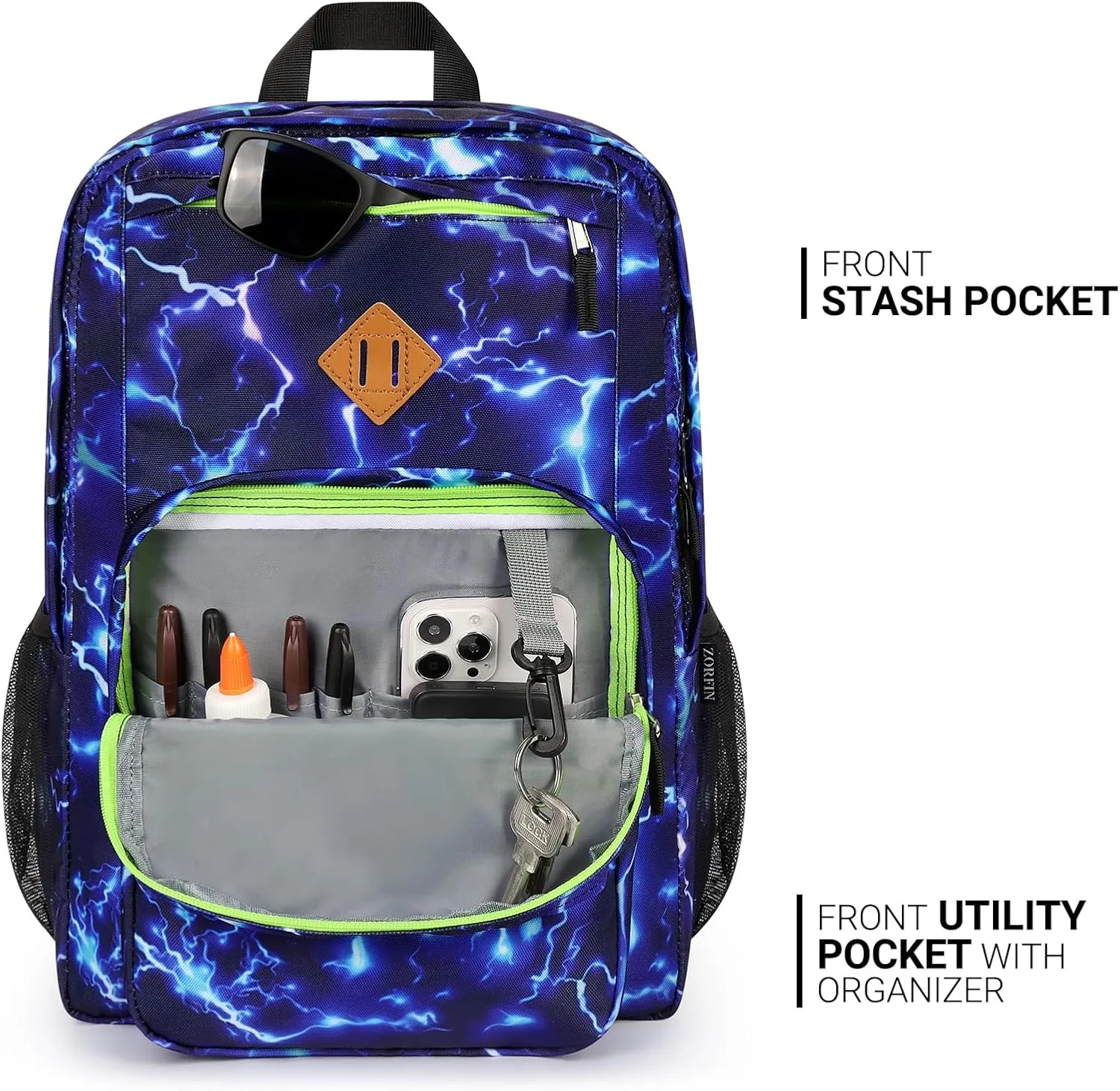 ZORFIN 26L Backpack for School, College, and Travel: Water Resistant Bookbag with 8 Compartments - Blue Lightning