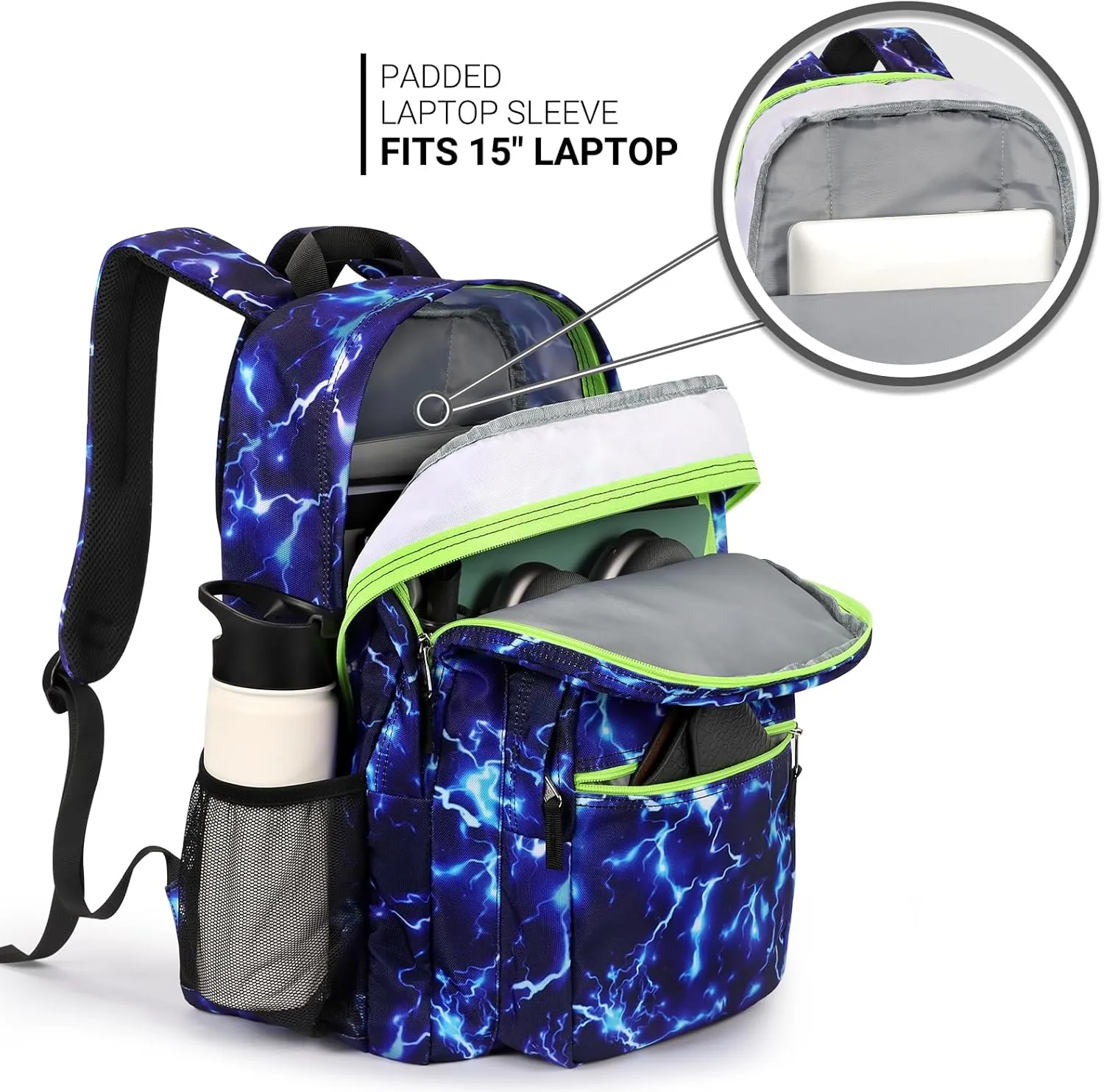 ZORFIN 26L Backpack for School, College, and Travel: Water Resistant Bookbag with 8 Compartments - Blue Lightning