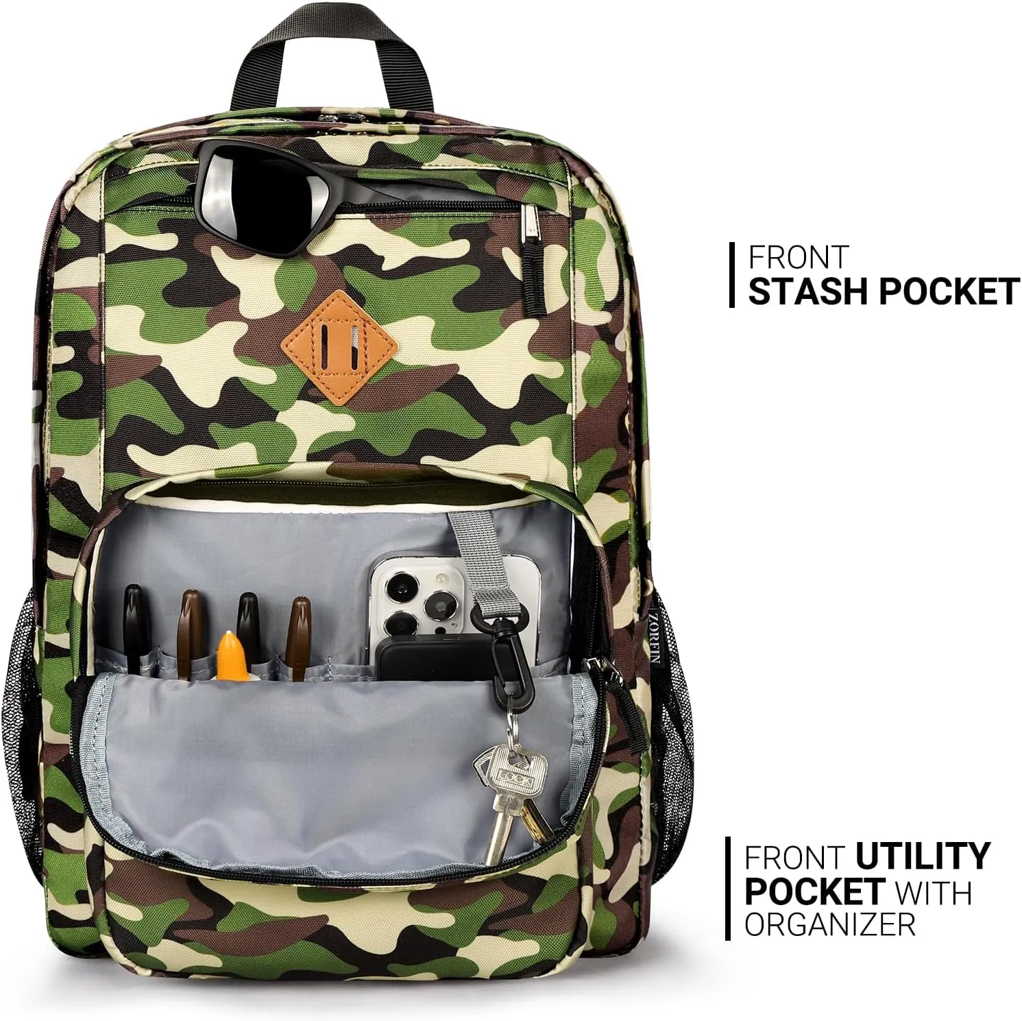ZORFIN 26L Backpack for School, College, and Travel: Water Resistant Bookbag with 8 Compartments - Buckshot Camo