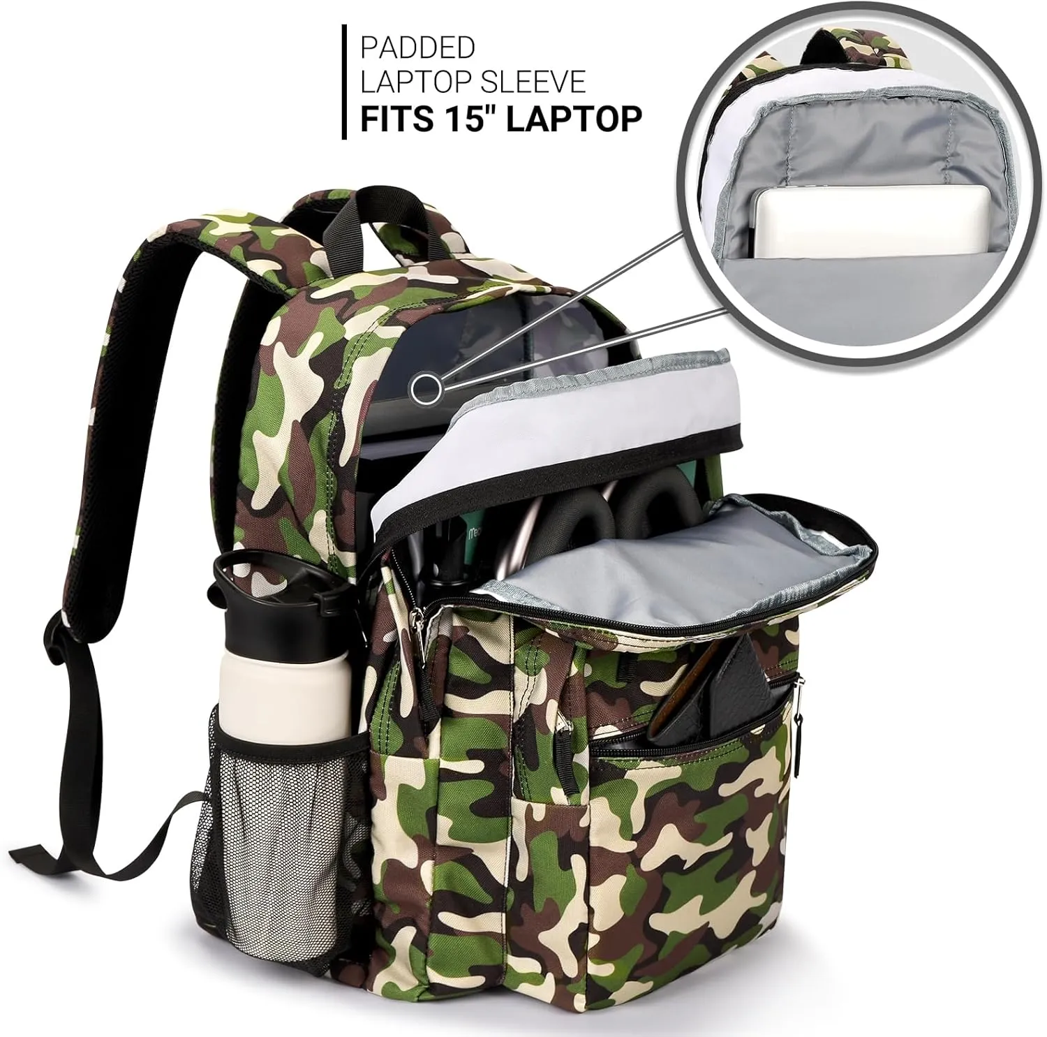 ZORFIN 26L Backpack for School, College, and Travel: Water Resistant Bookbag with 8 Compartments - Buckshot Camo