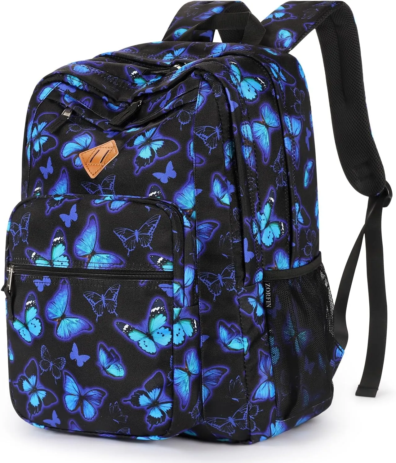 ZORFIN 26L Backpack for School, College, and Travel: Water Resistant Bookbag with 8 Compartments - Butterfly Black