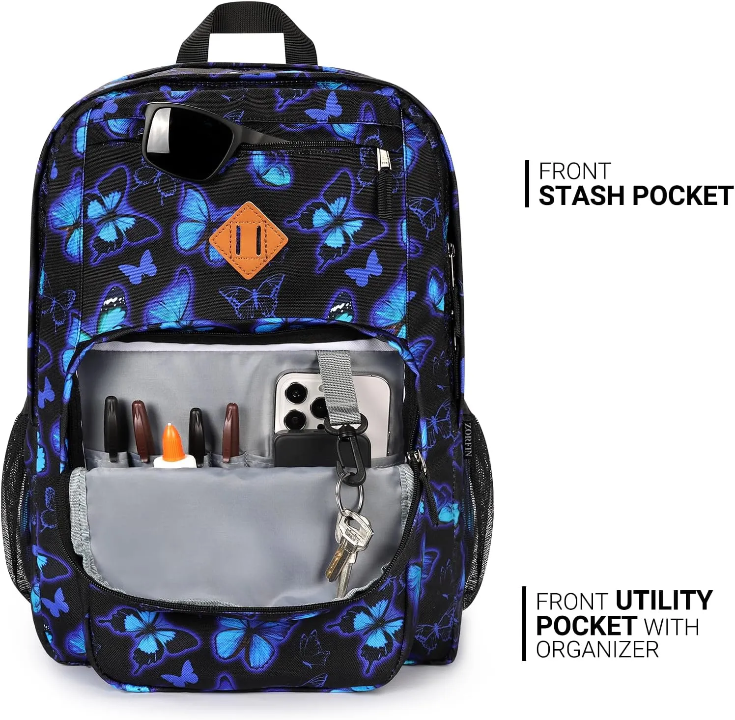 ZORFIN 26L Backpack for School, College, and Travel: Water Resistant Bookbag with 8 Compartments - Butterfly Black