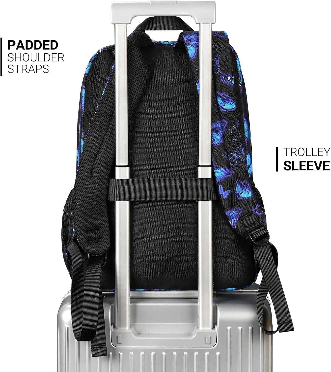 ZORFIN 26L Backpack for School, College, and Travel: Water Resistant Bookbag with 8 Compartments - Butterfly Black