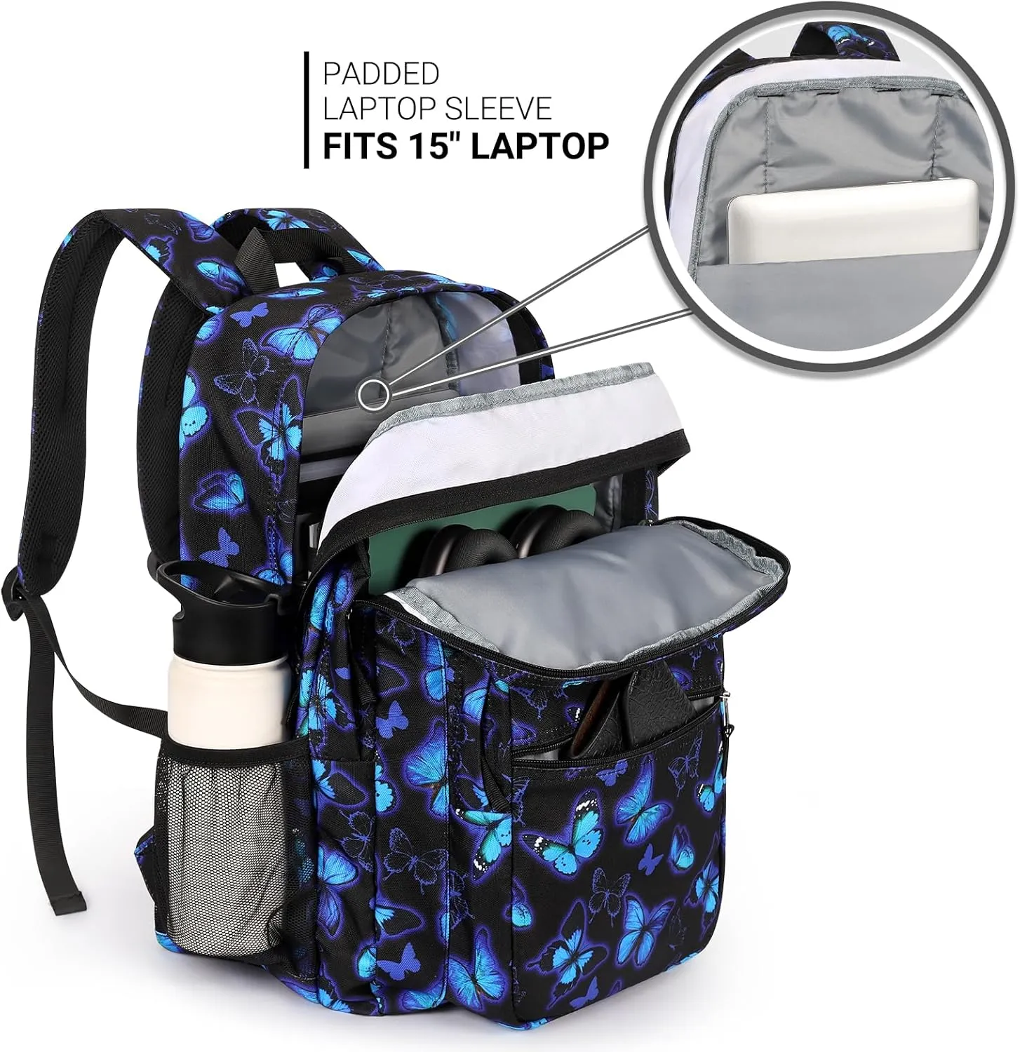 ZORFIN 26L Backpack for School, College, and Travel: Water Resistant Bookbag with 8 Compartments - Butterfly Black
