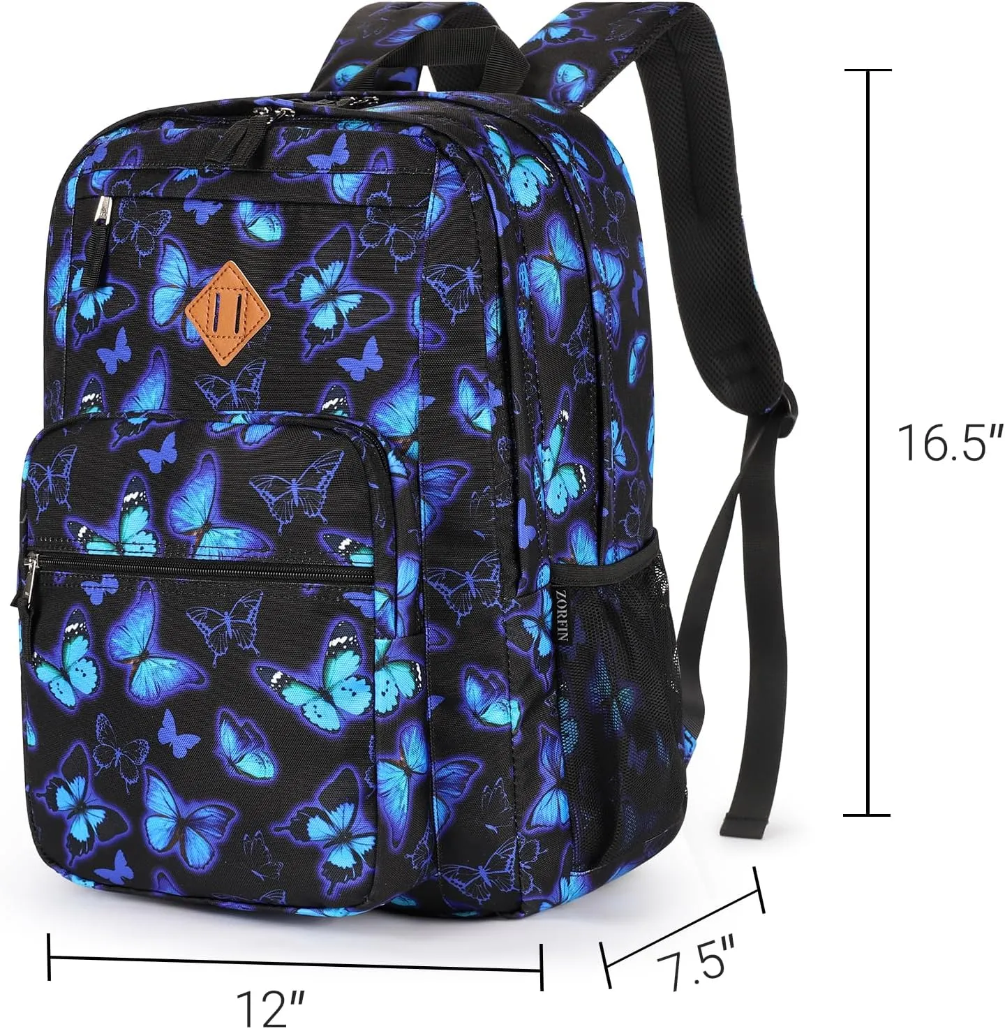 ZORFIN 26L Backpack for School, College, and Travel: Water Resistant Bookbag with 8 Compartments - Butterfly Black
