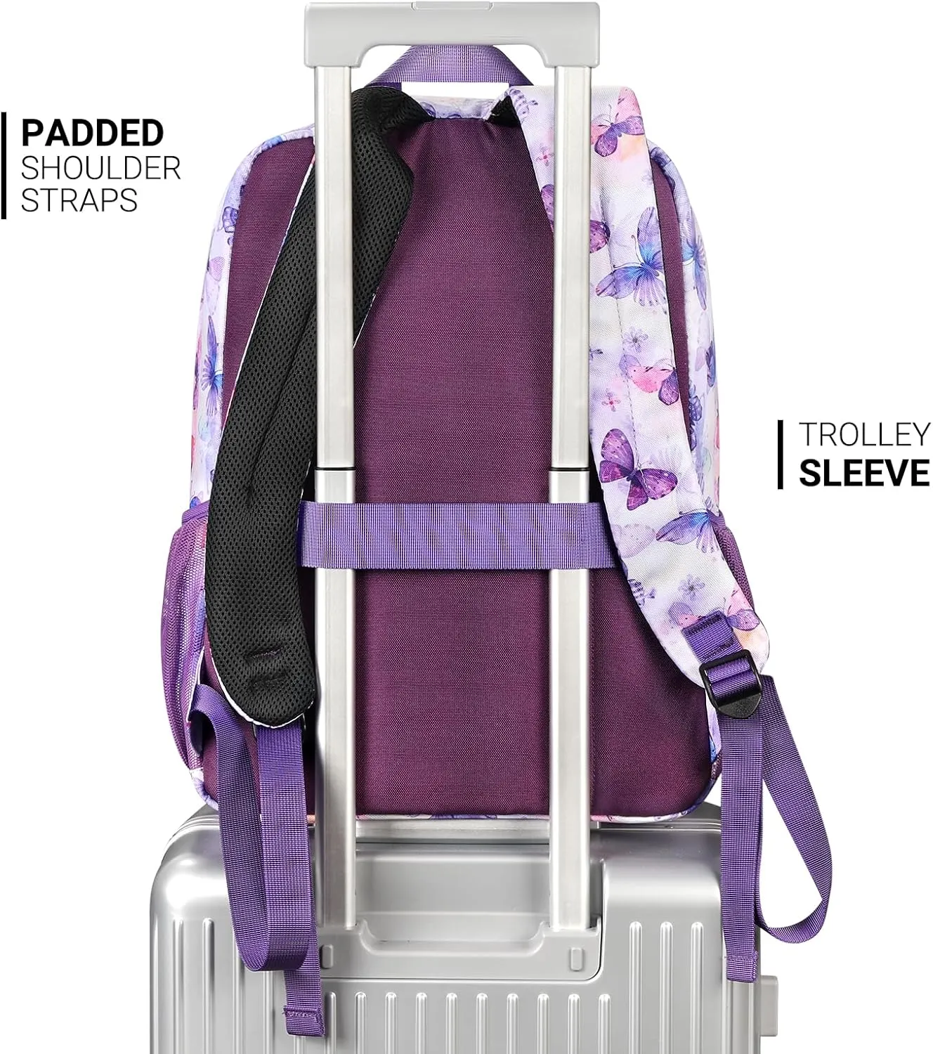 ZORFIN 26L Backpack for School, College, and Travel: Water Resistant Bookbag with 8 Compartments - Butterfly Purple