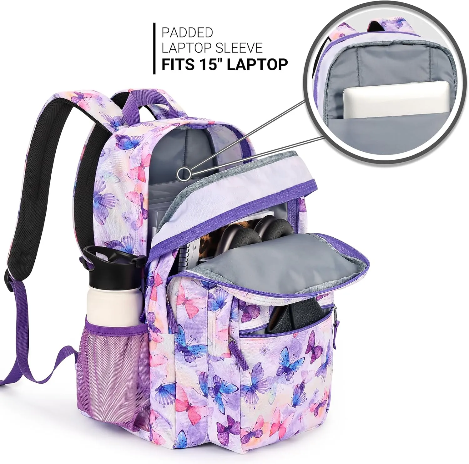 ZORFIN 26L Backpack for School, College, and Travel: Water Resistant Bookbag with 8 Compartments - Butterfly Purple