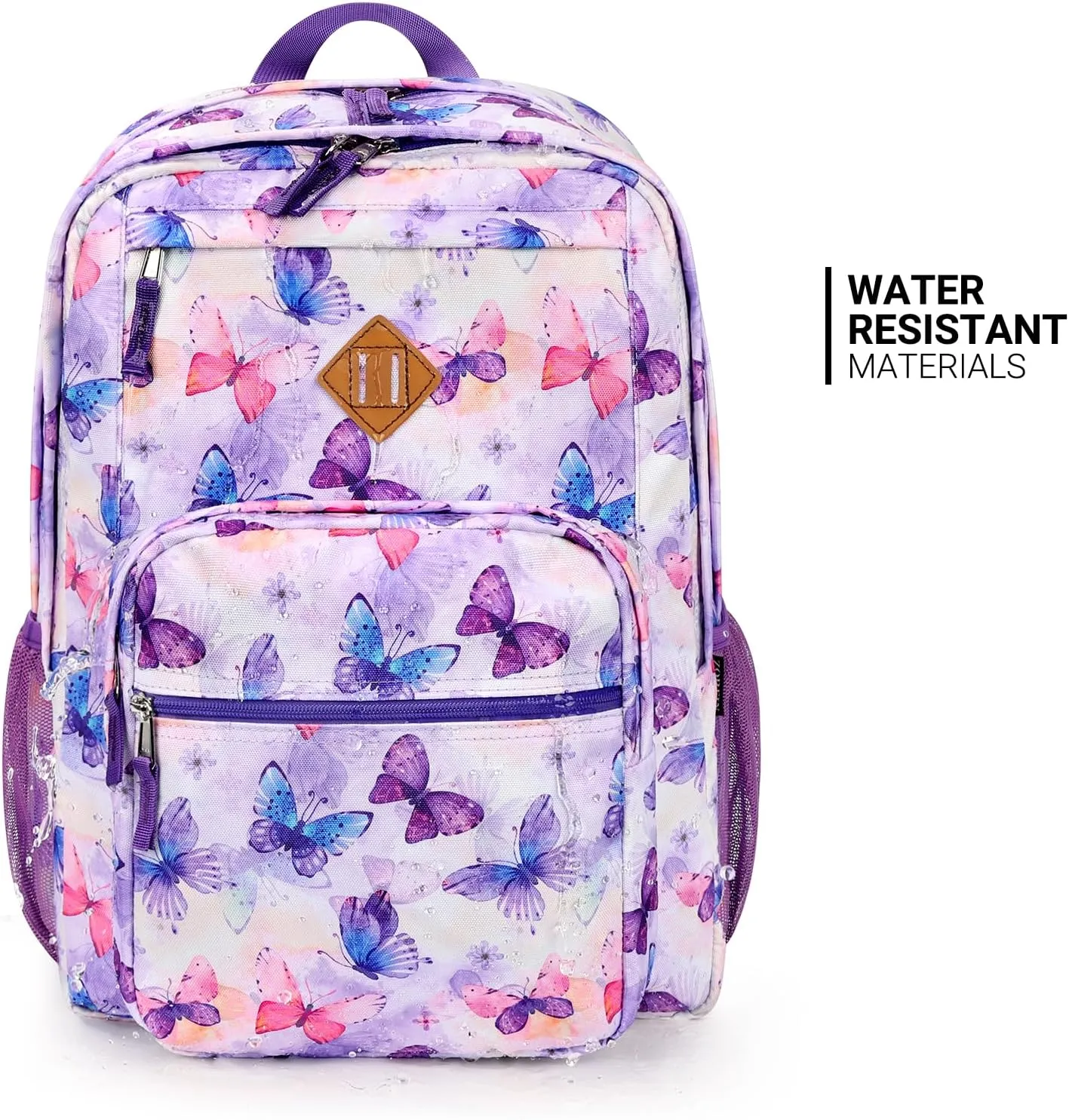 ZORFIN 26L Backpack for School, College, and Travel: Water Resistant Bookbag with 8 Compartments - Butterfly Purple