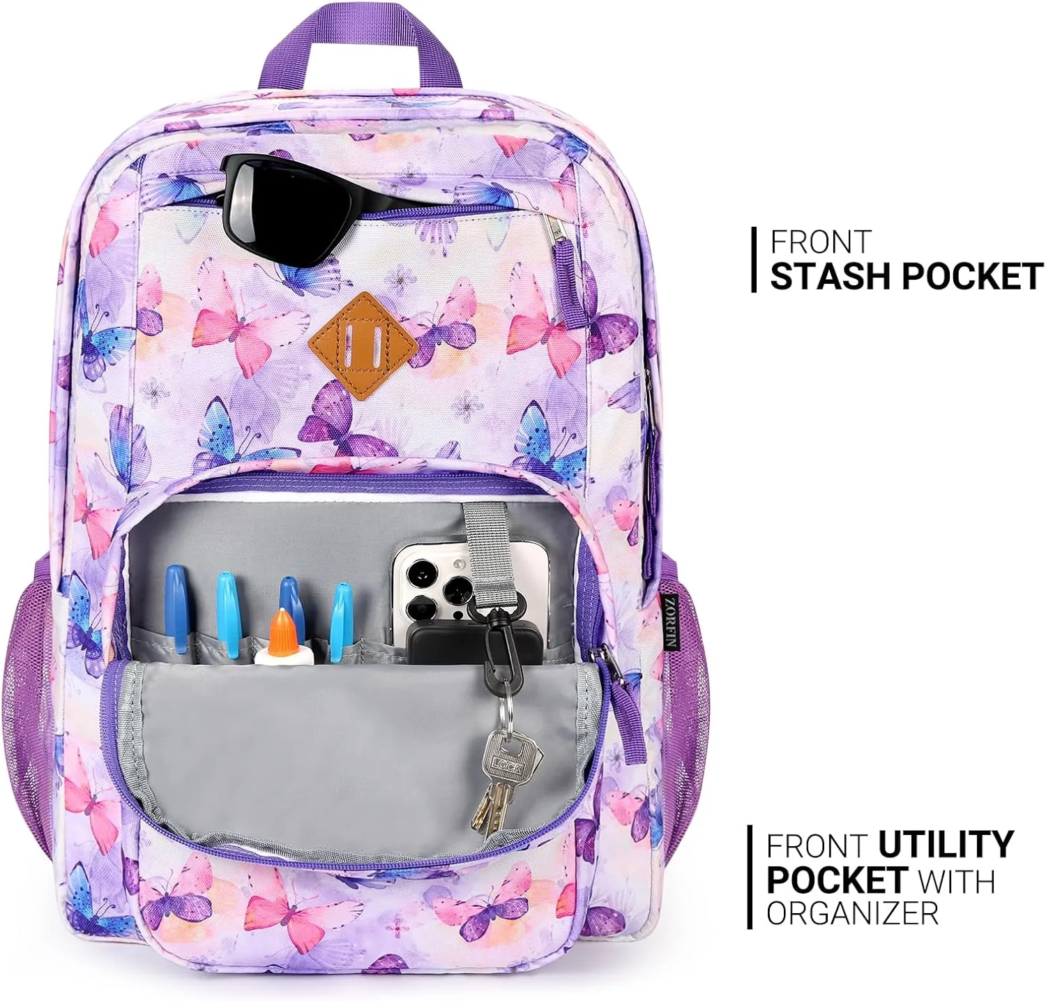 ZORFIN 26L Backpack for School, College, and Travel: Water Resistant Bookbag with 8 Compartments - Butterfly Purple