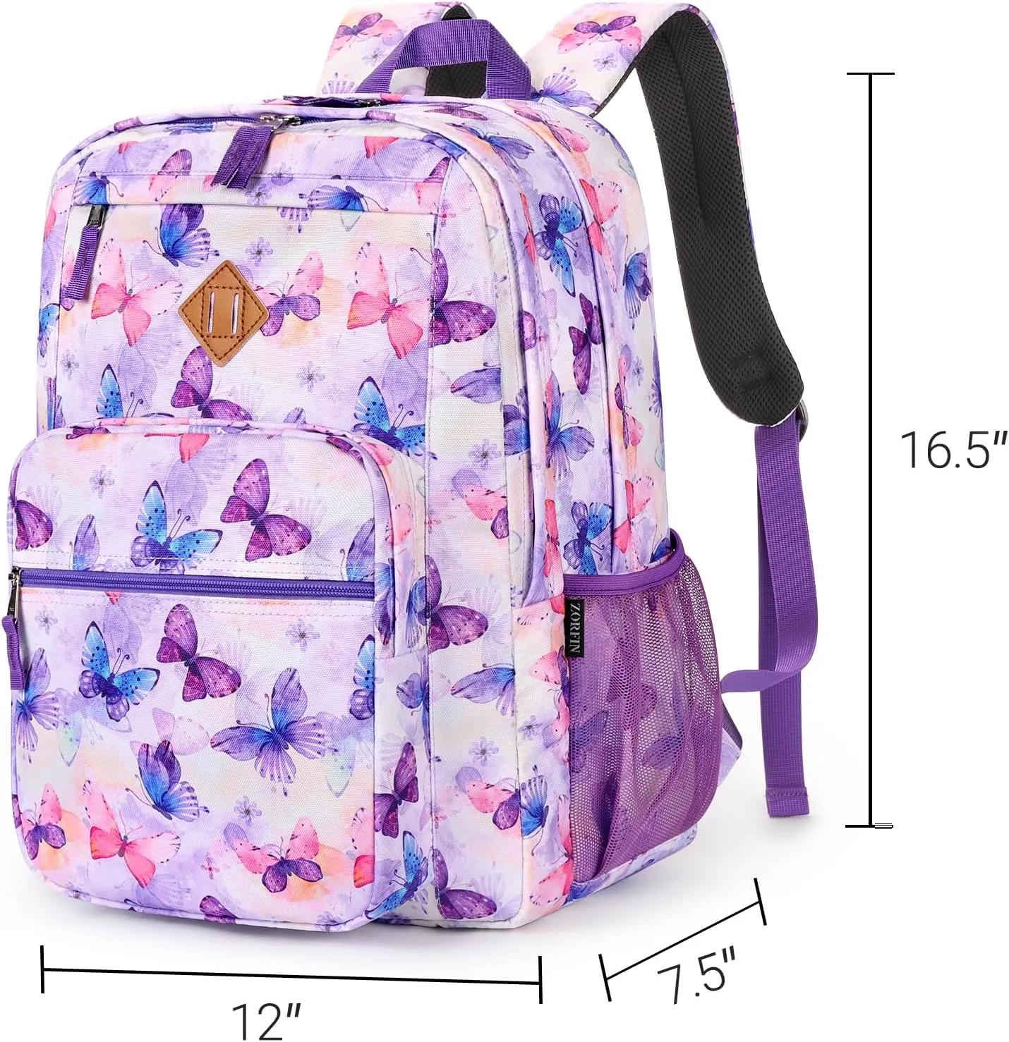 ZORFIN 26L Backpack for School, College, and Travel: Water Resistant Bookbag with 8 Compartments - Butterfly Purple
